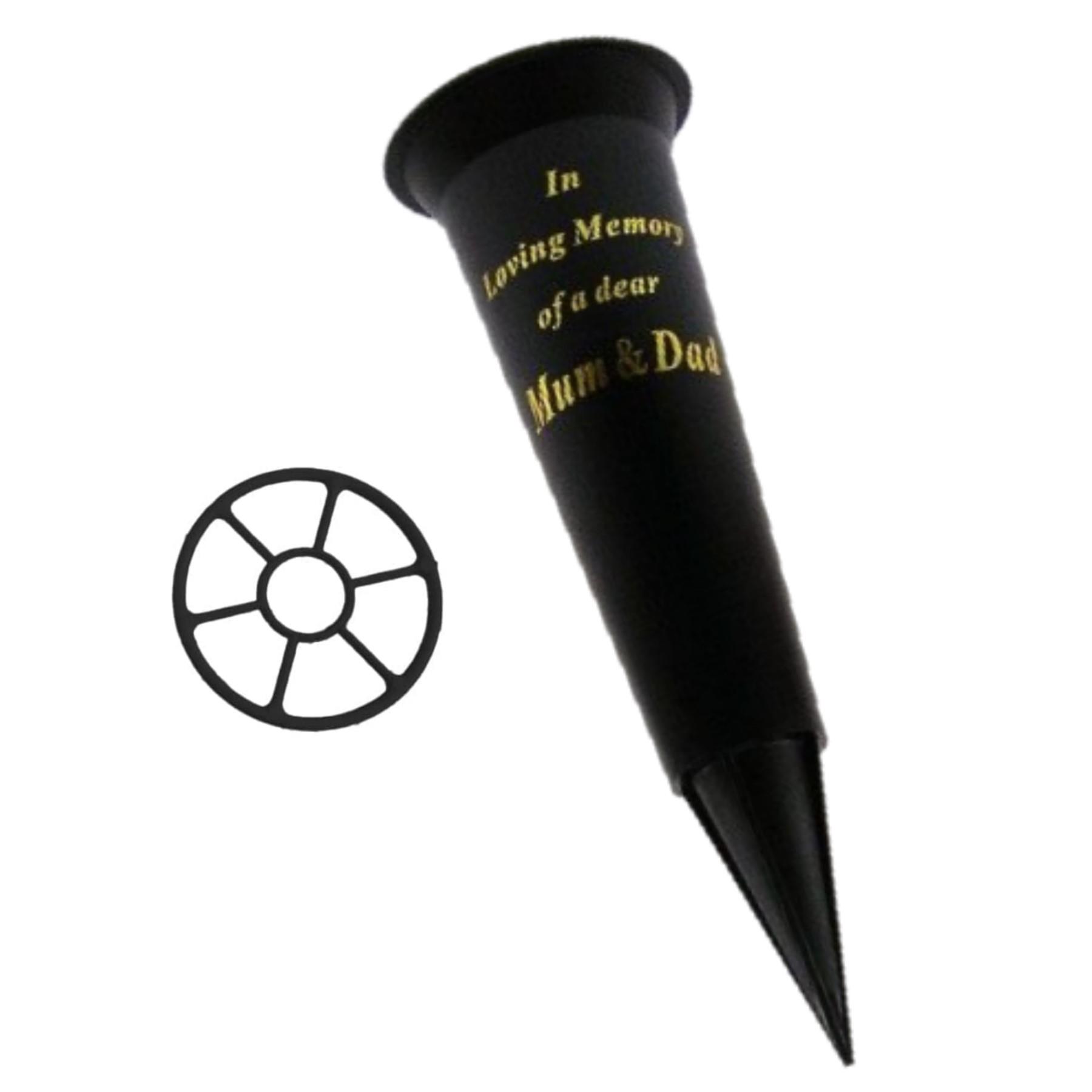Black Memorial Flower Vase Spike Base with Insert Graveside - Mum and Dad