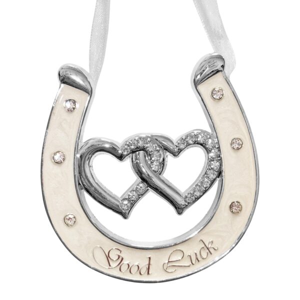 Wedding Horseshoe Double Heart with Diamantes Good Luck Silver / Cream