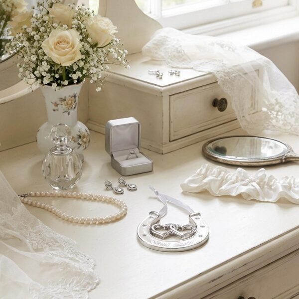 Wedding Horseshoe Double Heart with Diamantes Good Luck Silver / Cream