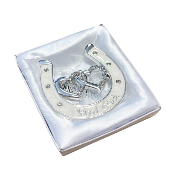 Wedding Horseshoe Double Heart with Diamantes Good Luck Silver / Cream
