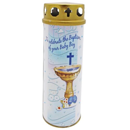 Baptism Pillar Candle and Windproof Cap and Prayer - Baby Boy