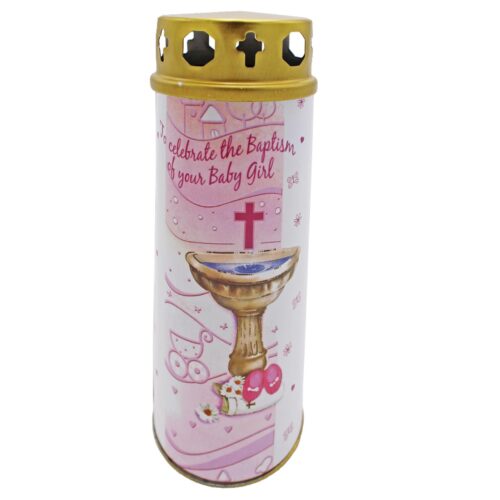 Baptism Pillar Candle and Windproof Cap and Prayer - Baby Girl