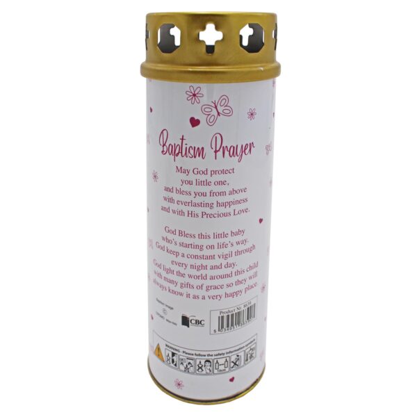 Baptism Pillar Candle and Windproof Cap and Prayer - Baby Girl
