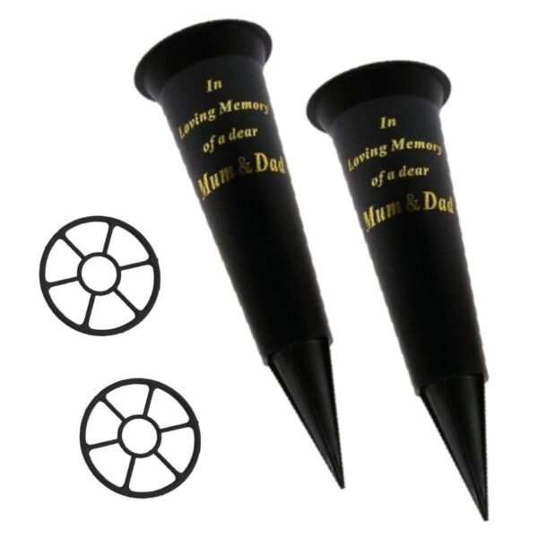 Black Memorial Flower Vase Spike Base with Insert Graveside Set of 2 - Mum and Dad