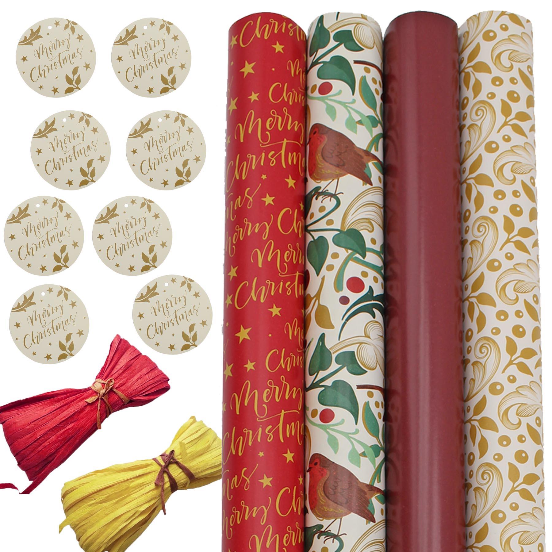 Christmas Wrapping Paper Christmas Tags and Raffia Ribbon Set 8 Metres - Red with Robins
