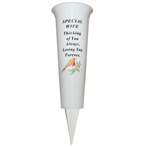 Memorial Graveside Flower Vase with Spike Robin Image - Special Wife