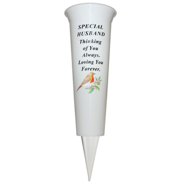 Memorial Graveside Flower Vase with Spike Robin Image - Special  Husband