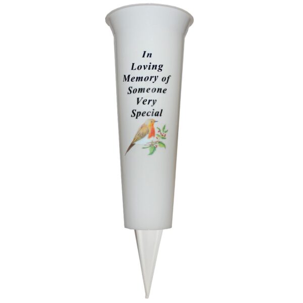 Memorial Graveside Flower Vase with Spike Robin Image - Someone Special