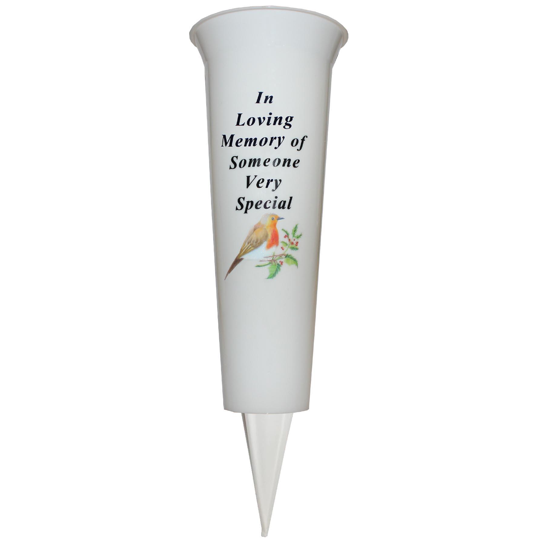 Memorial Graveside Flower Vase with Spike Robin Image - Someone Special