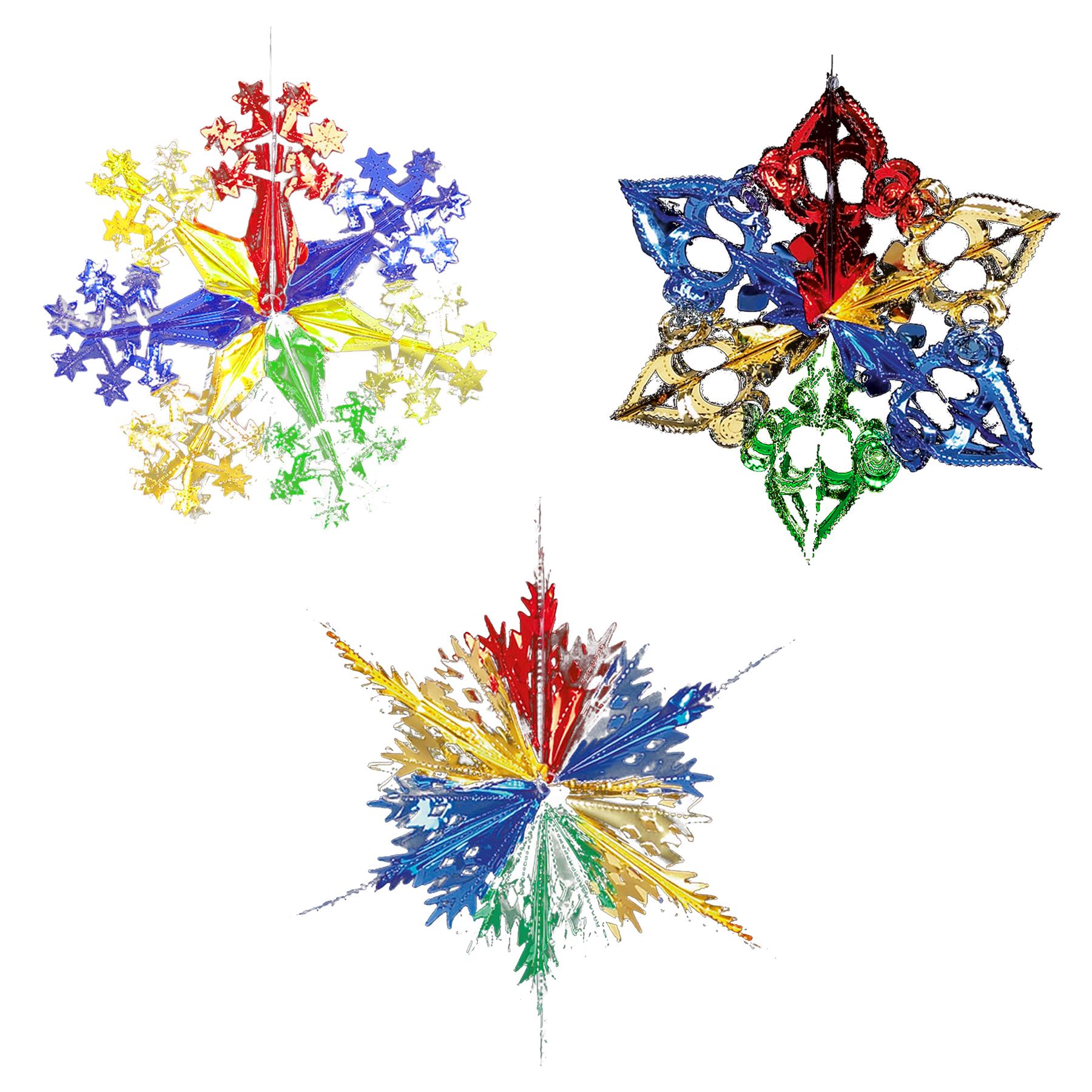Christmas Foil Ceiling Decorations Multicolour - Set of 3 Star Hangers