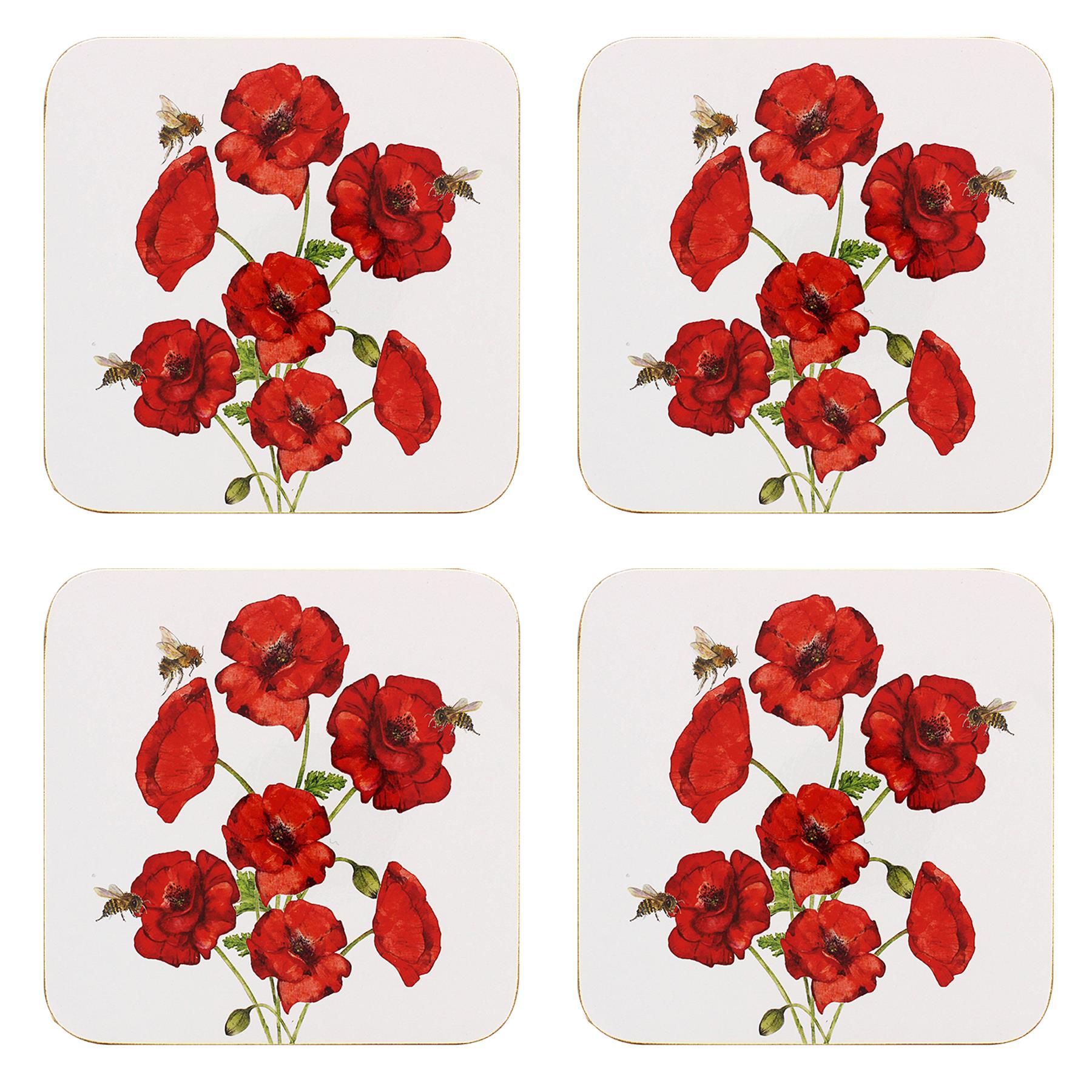 Poppy and Bees Coasters Set of 4 Corked Backed Tableware