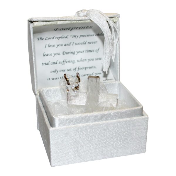 Glass Footprints Cross Memorial Ornament in Chest with Verse