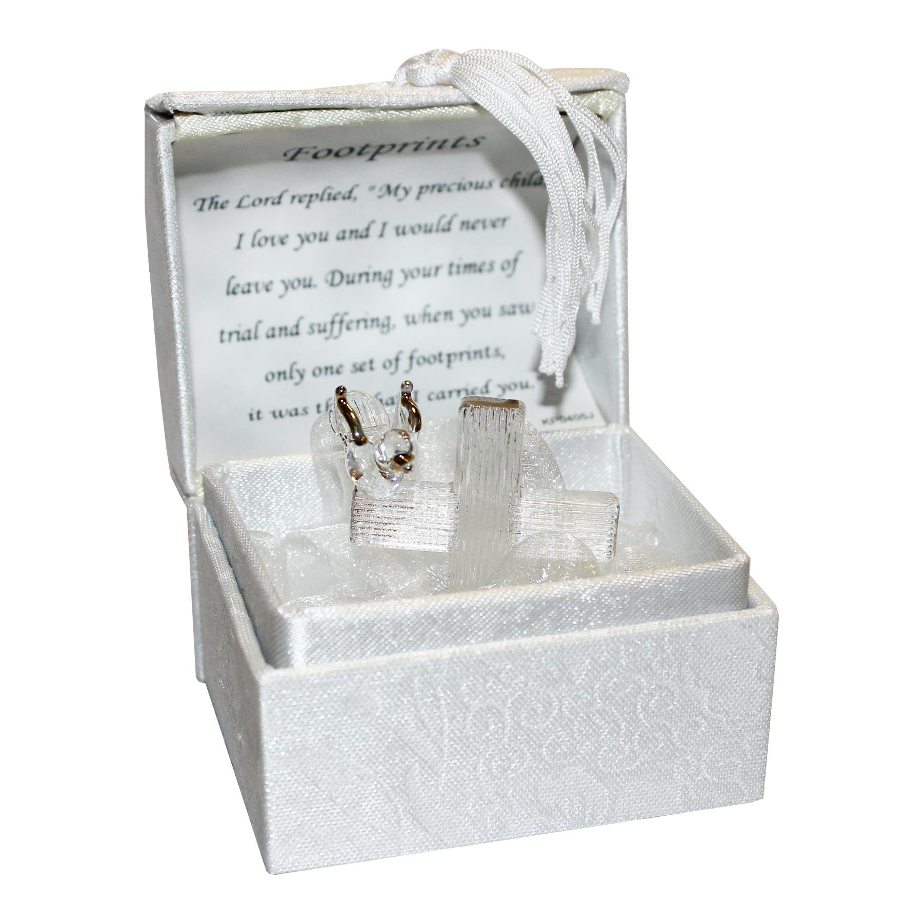 Glass Footprints Cross Memorial Ornament in Chest with Verse