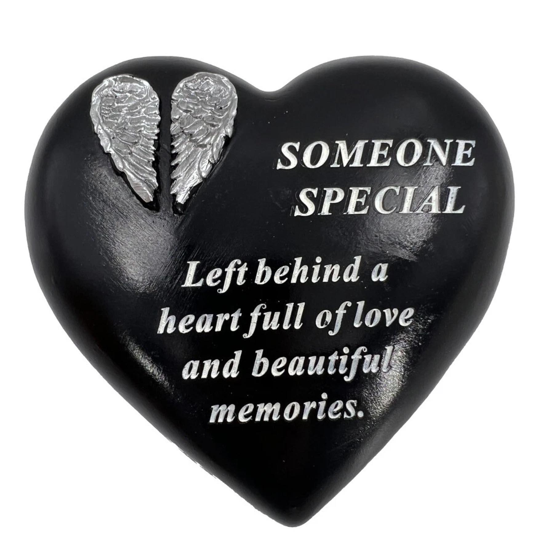 Graveside Heart Memorial Plaque Black with Silver Angel Wings - Someone Special