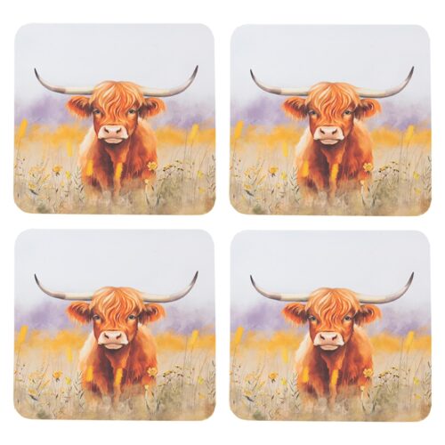 Highland Cow Coasters Pack of 4 With Cork Back Home Tableware
