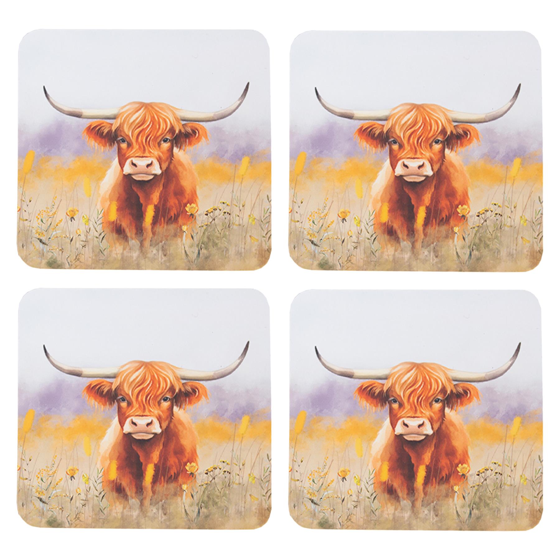 Highland Cow Coasters Pack of 4 With Cork Back Home Tableware