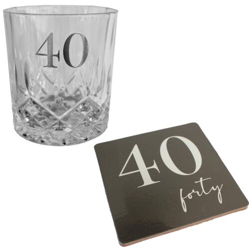 Cut Glass Whisky Tumbler and Coaster Set Gift Box - 40th Birthday