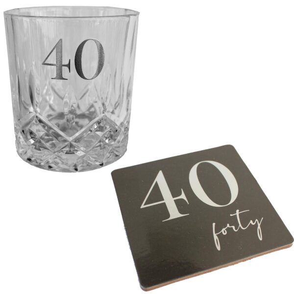 Cut Glass Whisky Tumbler and Coaster Set Gift Box - 40th Birthday
