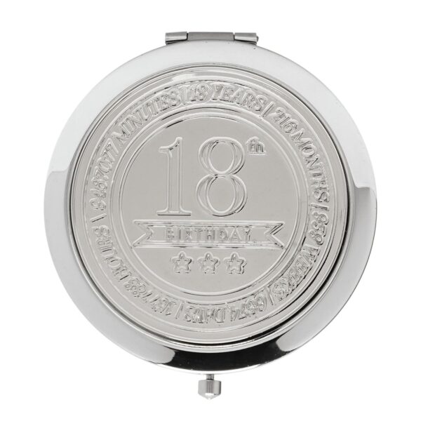 18th Birthday Compact Mirror Polished Silver with Embossed Wording and Magnification