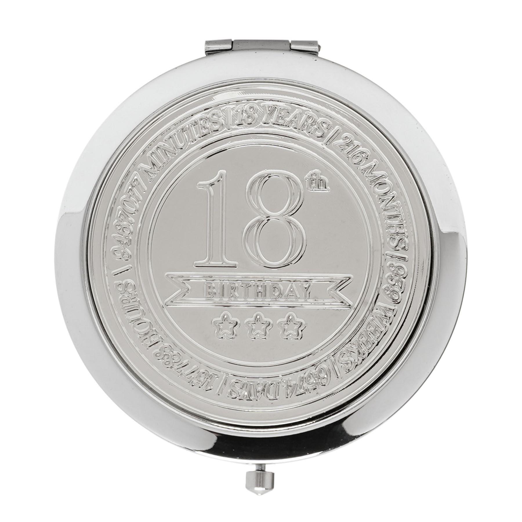 18th Birthday Compact Mirror Polished Silver with Embossed Wording and Magnification