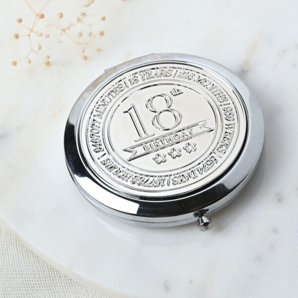 18th Birthday Compact Mirror Polished Silver with Embossed Wording and Magnification