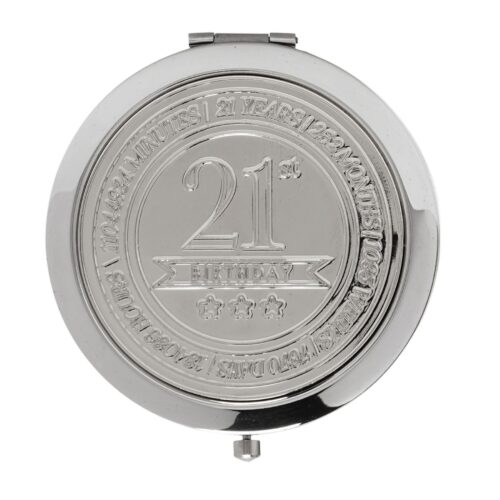 image488995169.jpg 21st Birthday Compact Mirror Polished Silver with Embossed Wording and Magnification