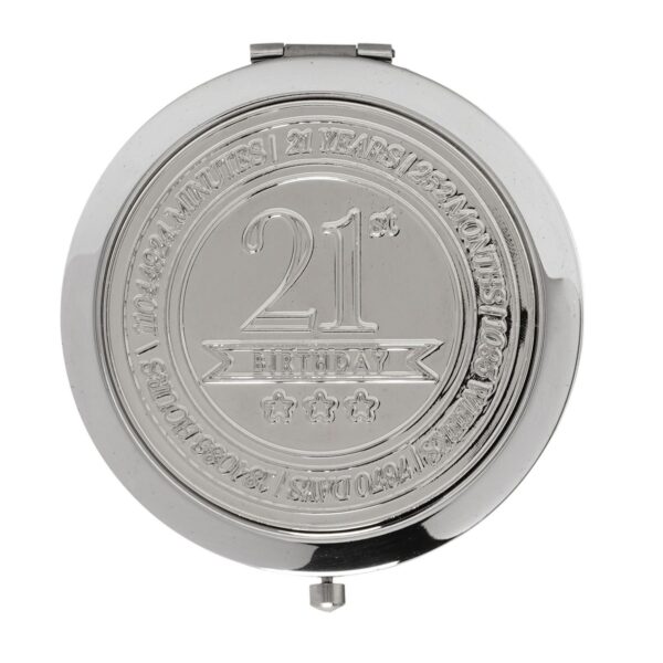 21st Birthday Compact Mirror Polished Silver with Embossed Wording and Magnification