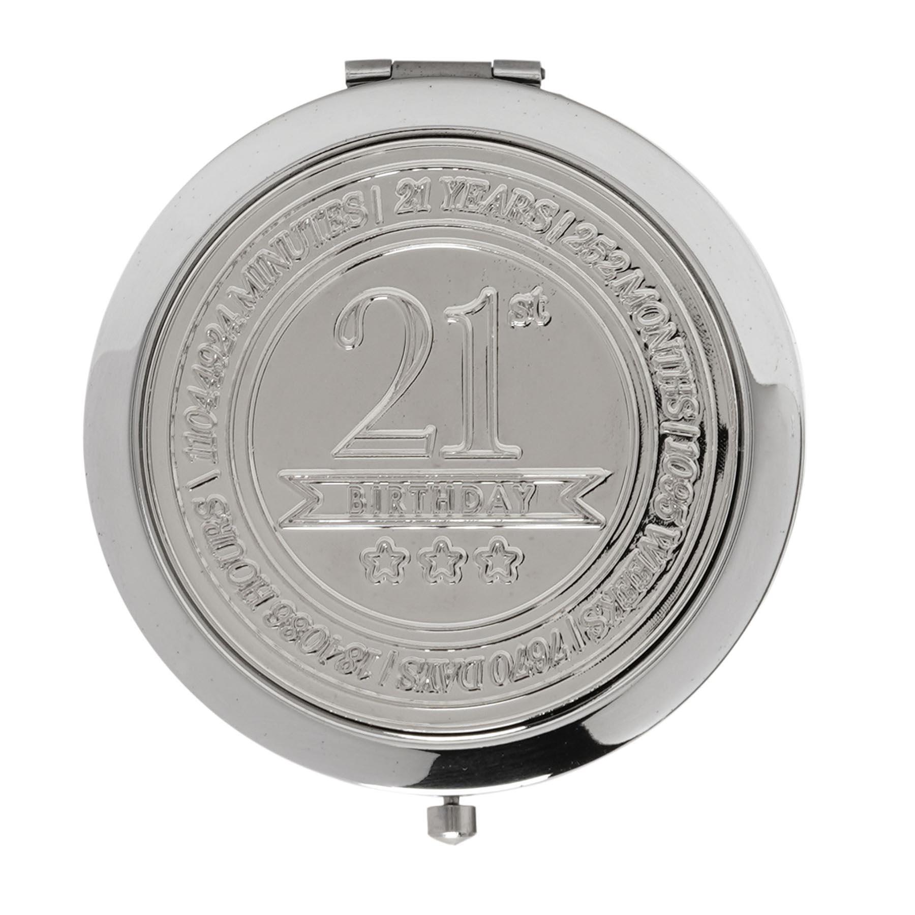 21st Birthday Compact Mirror Polished Silver with Embossed Wording and Magnification