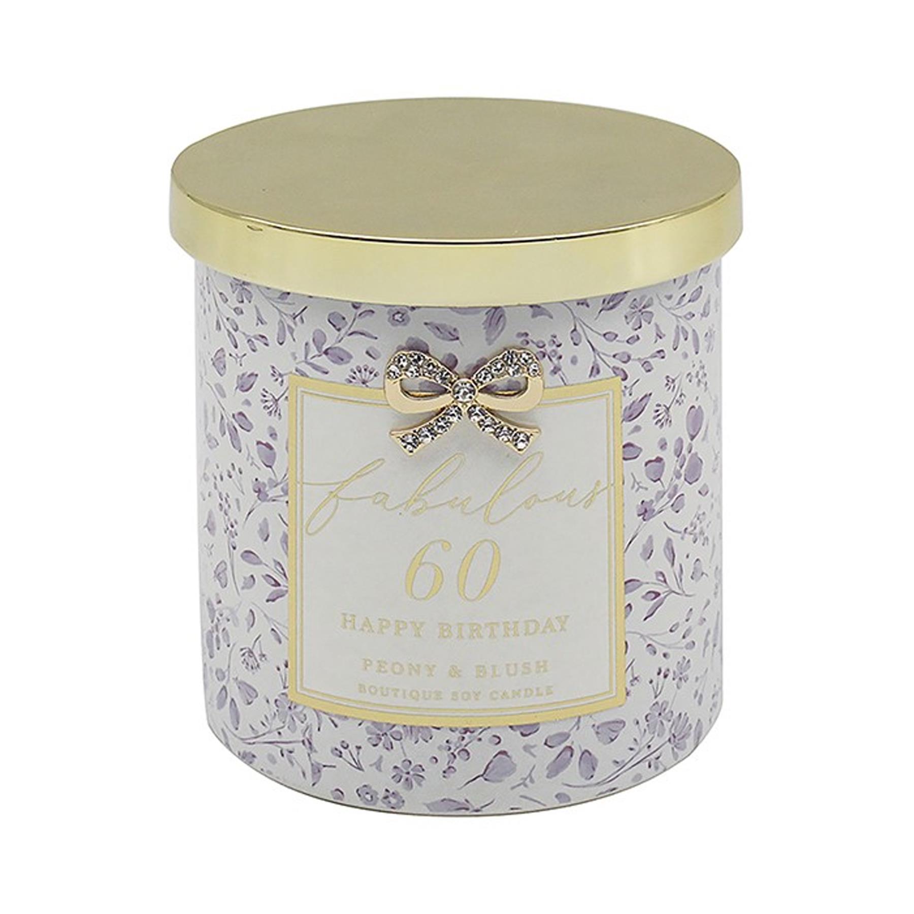 60th Birthday Soy Candle Peony and Blush Suede Scented in Glass Jar with Diamante Bow