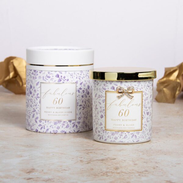 image489003113.jpg 60th Birthday Soy Candle Peony and Blush Suede Scented in Glass Jar with Diamante Bow