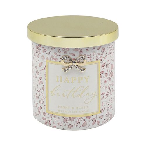 image489006250-1.jpg Happy Birthday Soy Candle Peony and Blush Suede Scented in Glass Jar with Diamante Bow