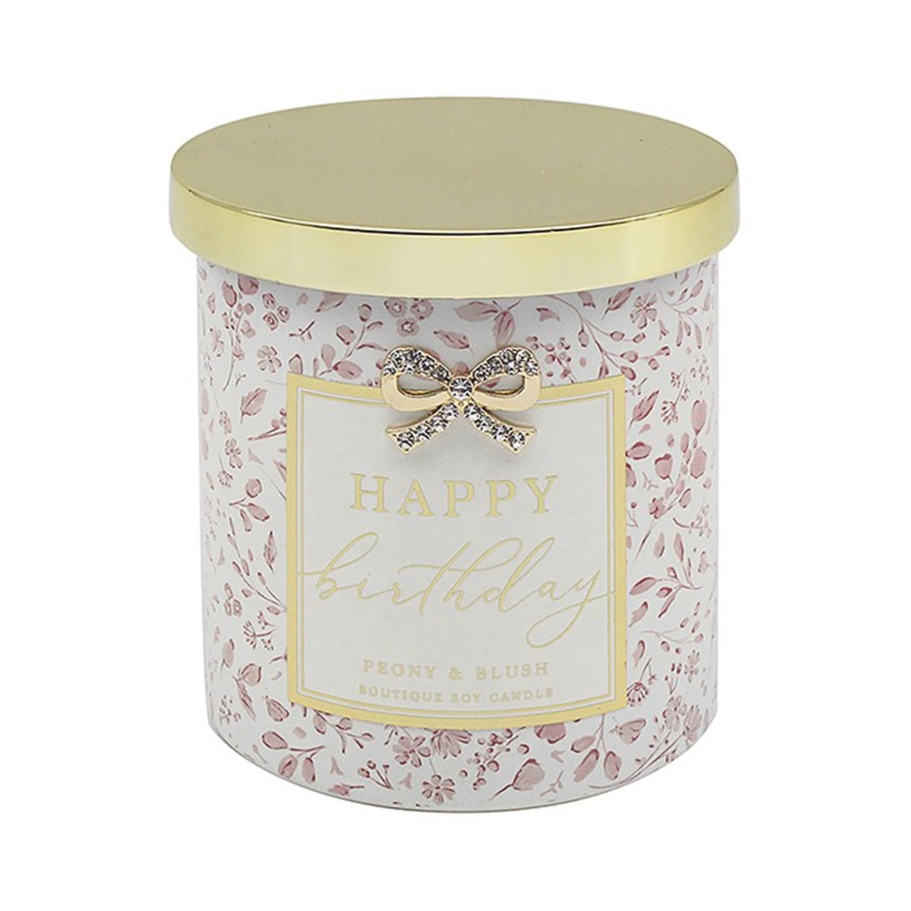 Happy Birthday Soy Candle Peony and Blush Suede Scented in Glass Jar with Diamante Bow