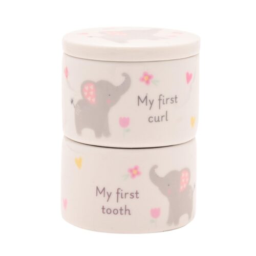 Baby First Tooth / Curl Trinket Boxes Stackable Ceramic Pots Elephant - Pink
