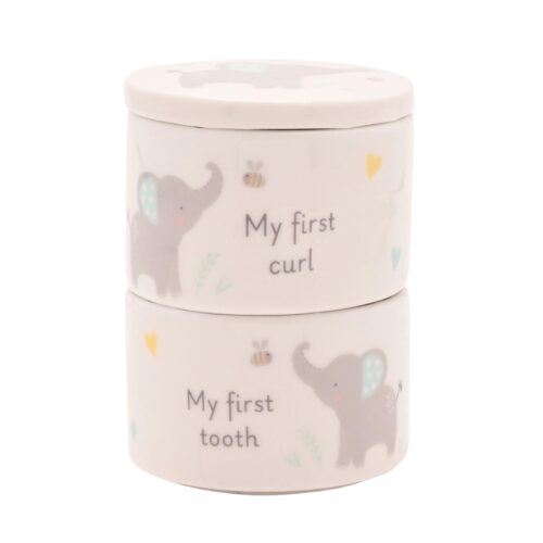 Baby First Tooth / Curl Trinket Boxes Stackable Ceramic Pots Elephant - Blue