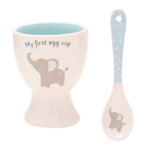 New Baby Ceramic Egg Cup and Spoon Gift Set Cute Elephant - Blue
