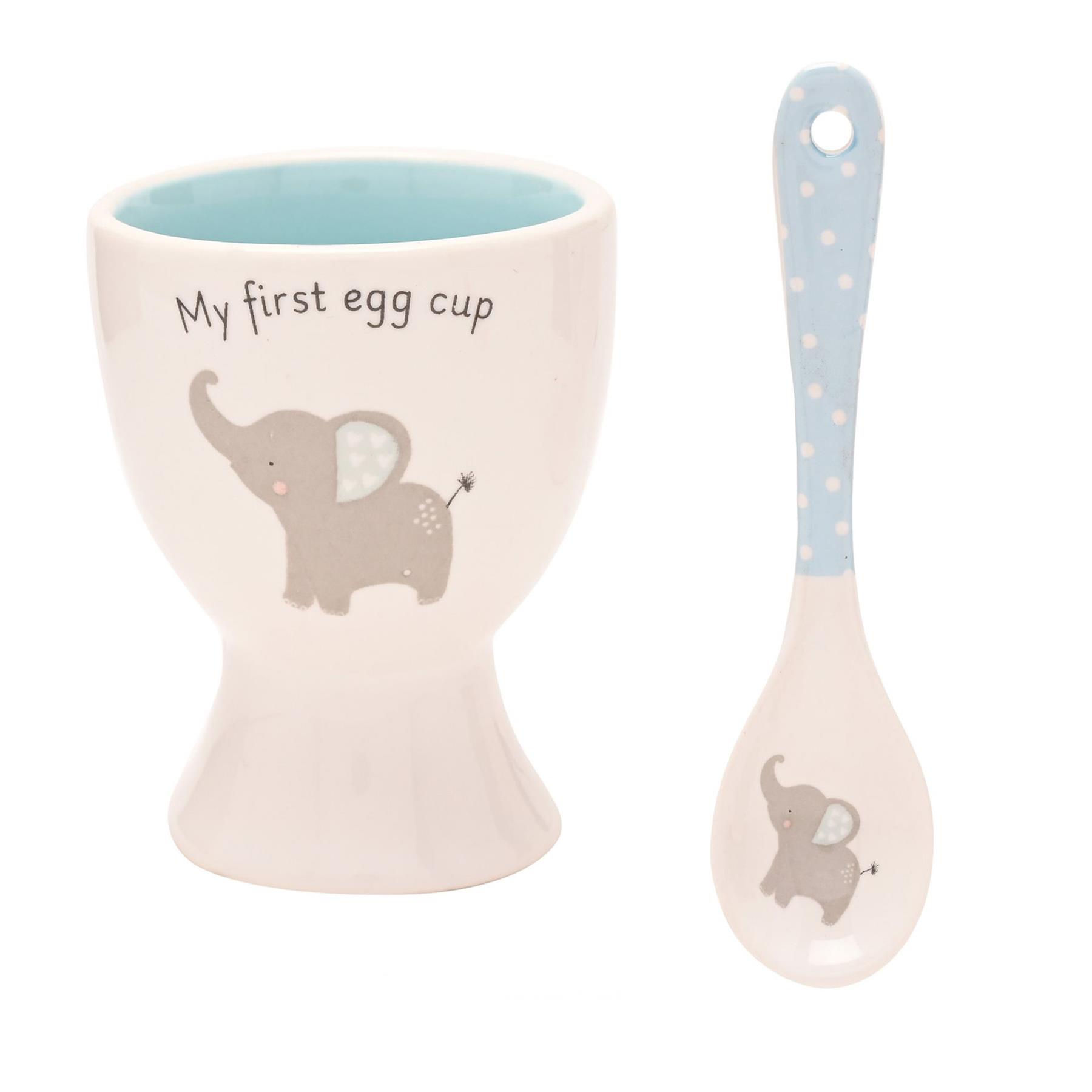 New Baby Ceramic Egg Cup and Spoon Gift Set Cute Elephant - Blue
