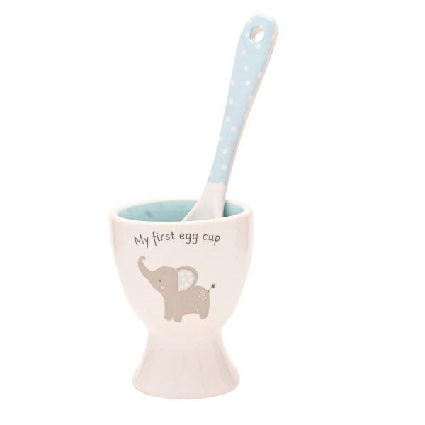 New Baby Ceramic Egg Cup and Spoon Gift Set Cute Elephant - Blue