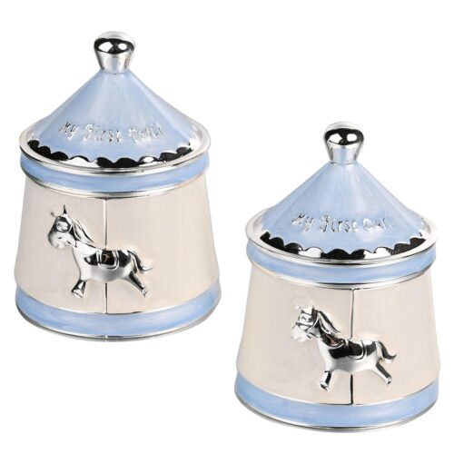 Carousel First Tooth and First Curl Trinket Set by Bambino Blue and Silver Plated