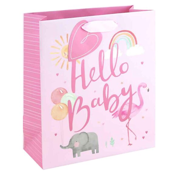 New Baby Gift Bag with Tag and Ribbon Handles 100% Recyclable - Pink