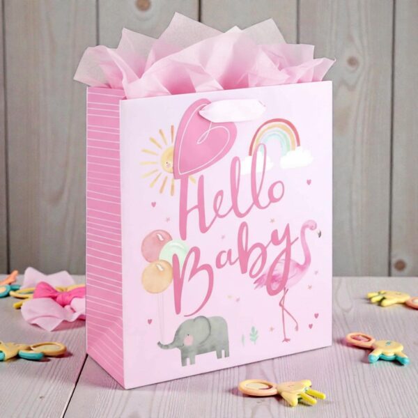 New Baby Gift Bag with Tag and Ribbon Handles 100% Recyclable - Pink