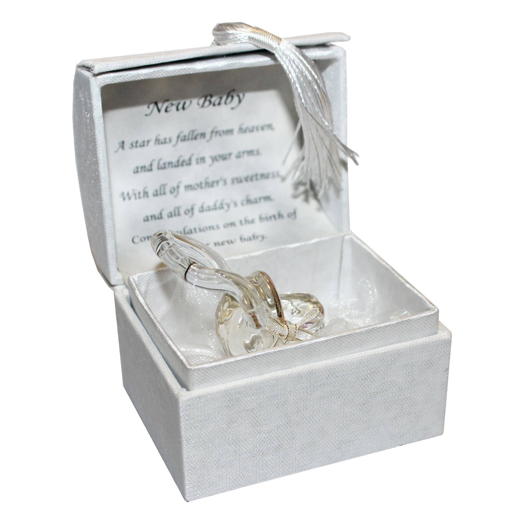 New Baby Glass Pram Ornament in Chest with Verse