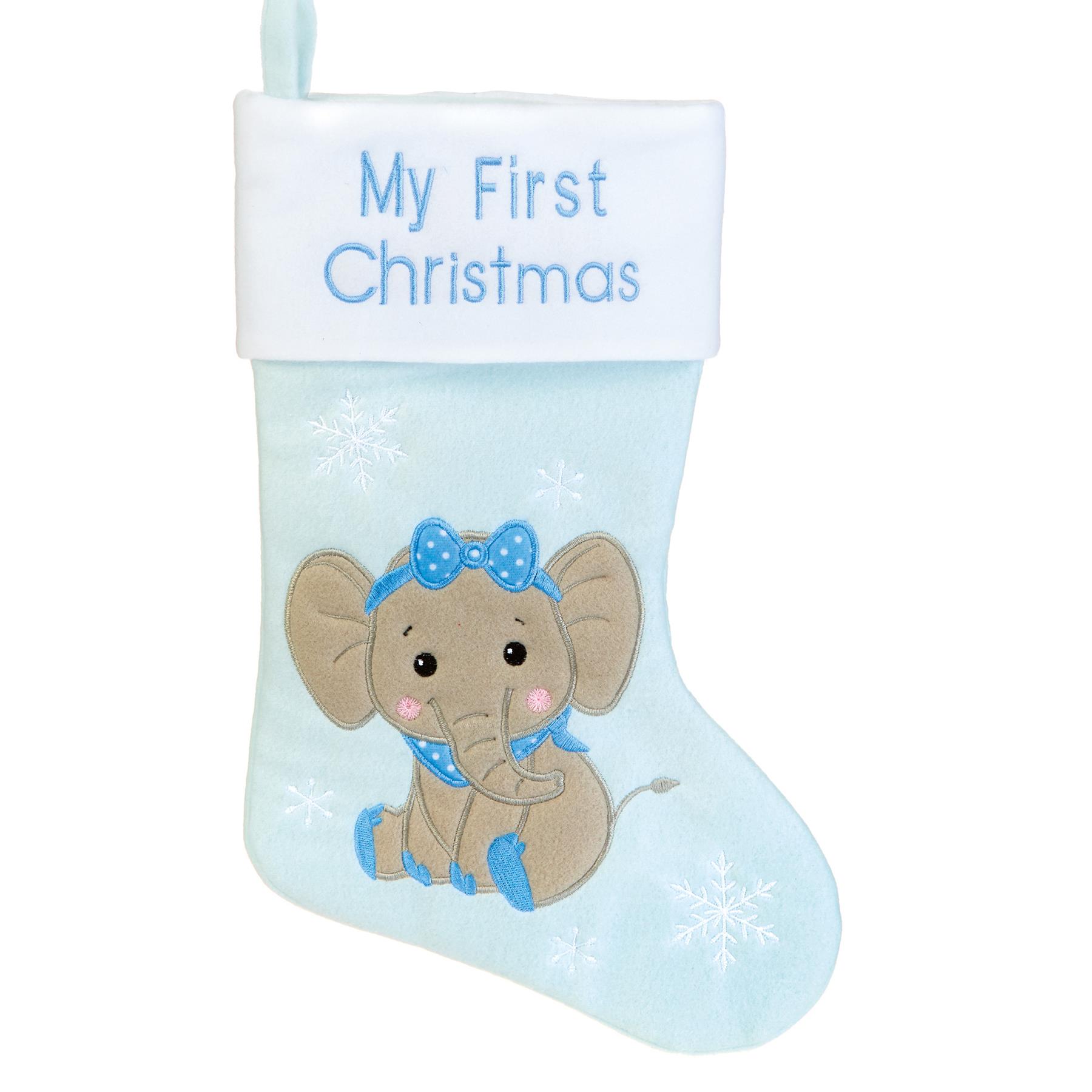 Baby's 1st Christmas Stocking with Embroidered Snowflake and Elephant - Blue Stocking