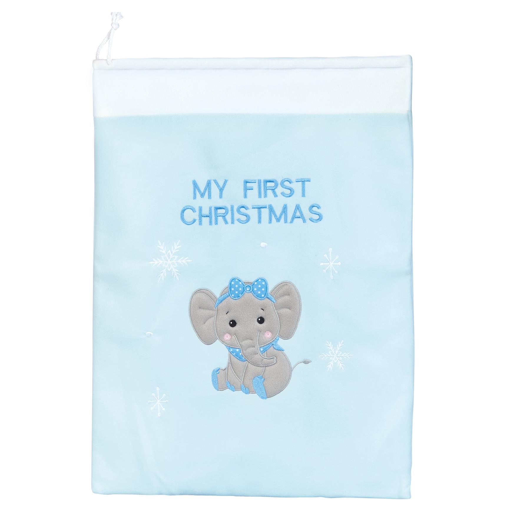 Baby's 1st Christmas Sack with Embroidered Snowflake and Elephant - Blue Sack