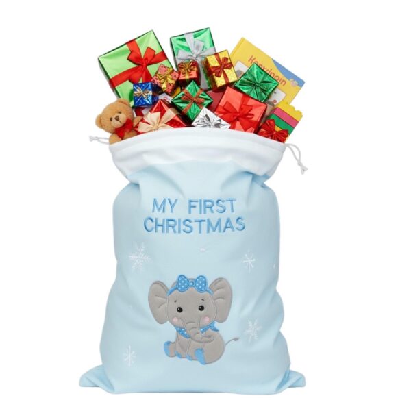 image489354916.jpg Baby's 1st Christmas Sack with Embroidered Snowflake and Elephant - Blue Sack