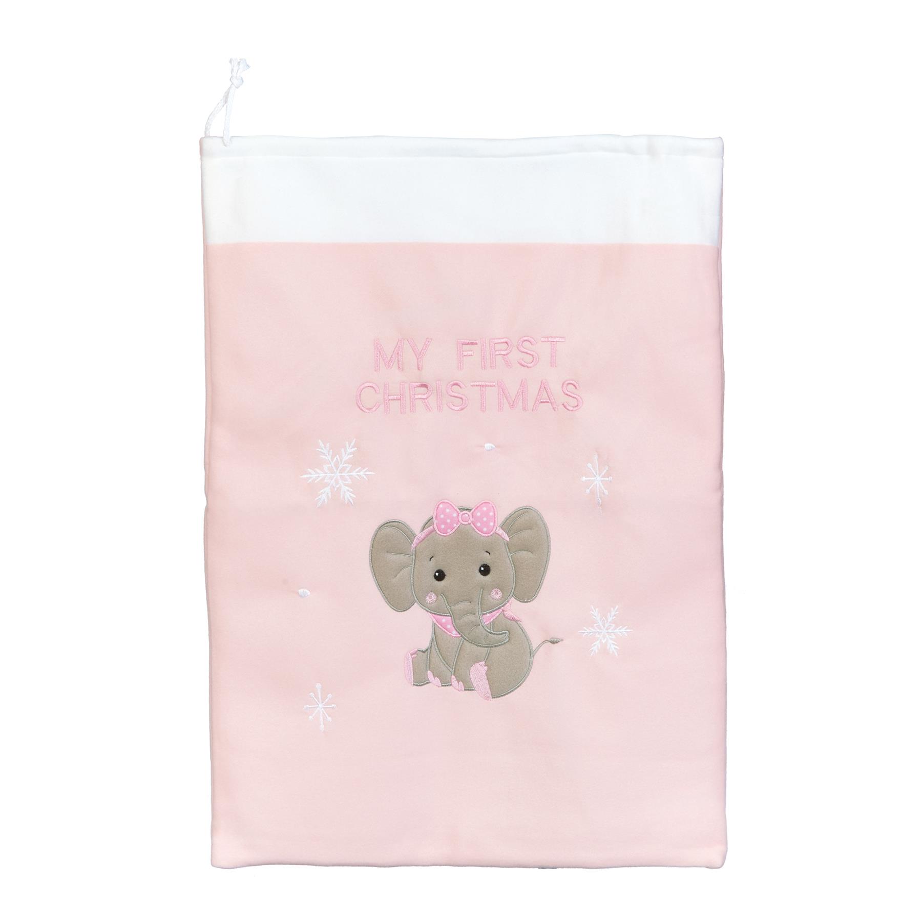 Baby's 1st Christmas Sack with Embroidered Snowflake and Elephant - Pink Sack