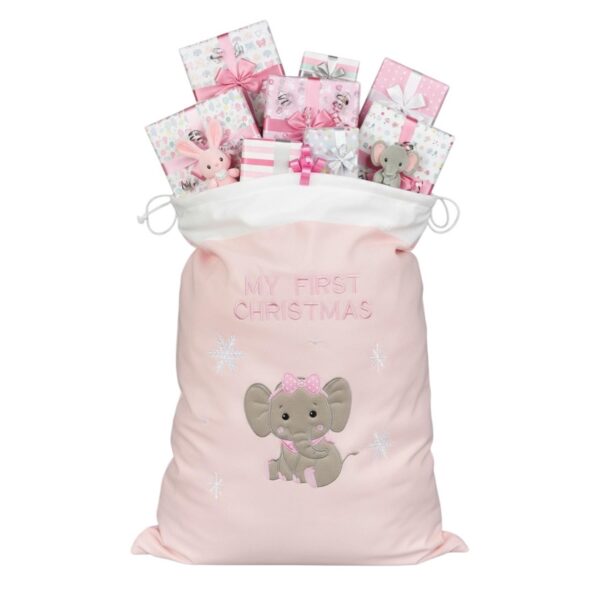 image489356901.jpg Baby's 1st Christmas Sack with Embroidered Snowflake and Elephant - Pink Sack