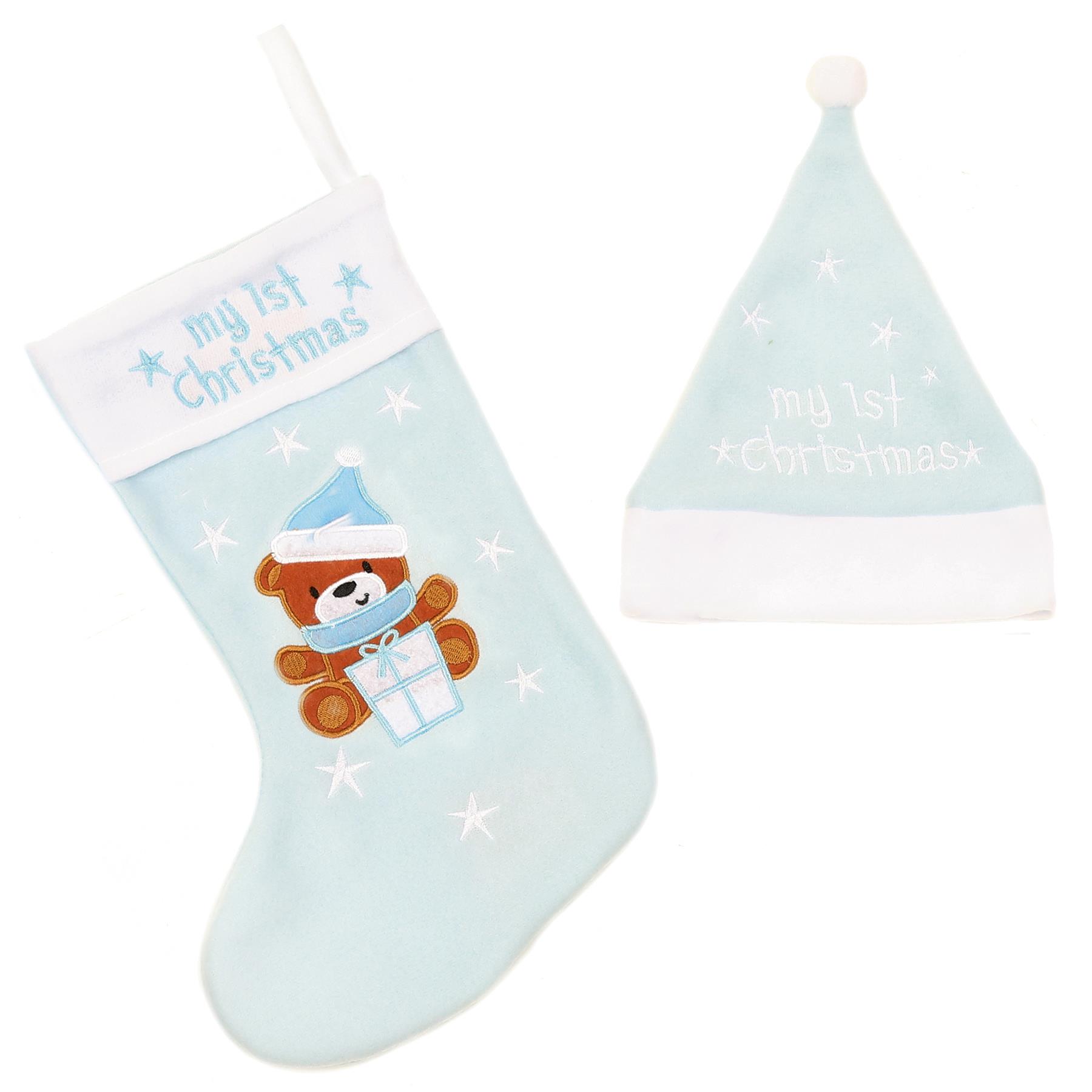 My First Christmas Stocking and Hat Set with Embroidered Bear and Stars - Blue