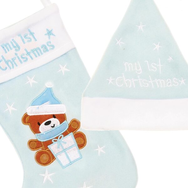 image489359512.jpg My First Christmas Stocking and Hat Set with Embroidered Bear and Stars - Blue