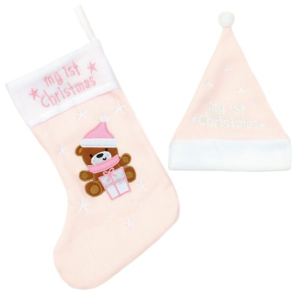 image489362664.jpg My First Christmas Stocking and Hat Set with Embroidered Bear and Stars - Pink