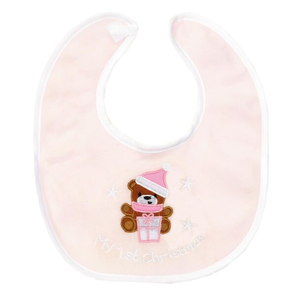 image489367262.jpg My 1st Christmas Baby Bib with Embroidered Bear and Stars - Pink